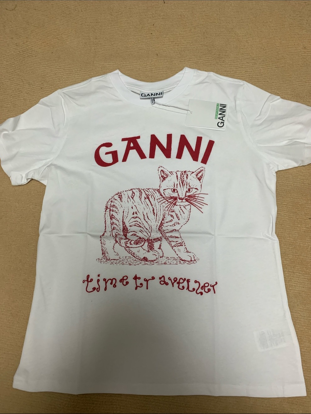 Ganni White Tee with Red Cat Print